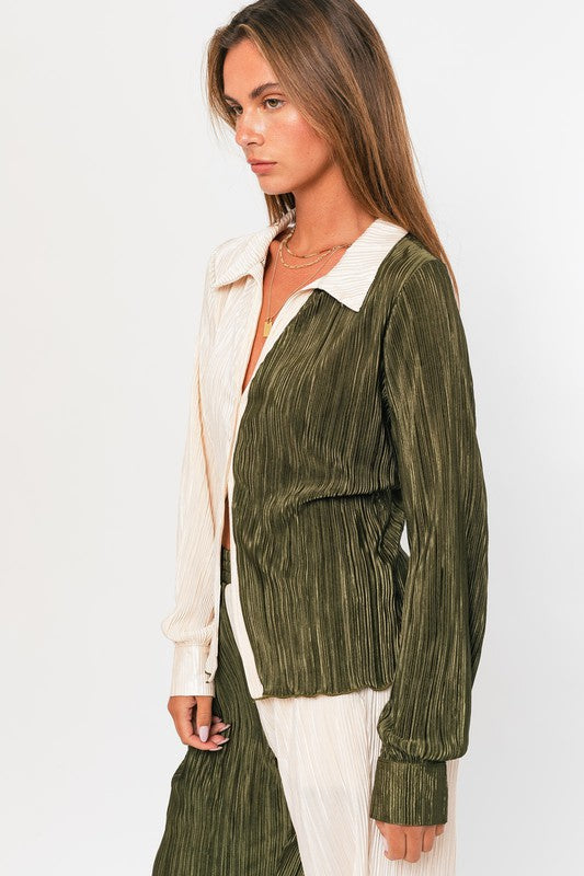 Long Sleeve Collared Top OLIVE-CREAM by LE LIS | Fleurcouture