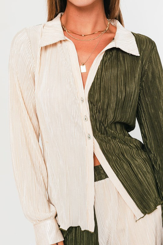 Long Sleeve Collared Top OLIVE-CREAM by LE LIS | Fleurcouture