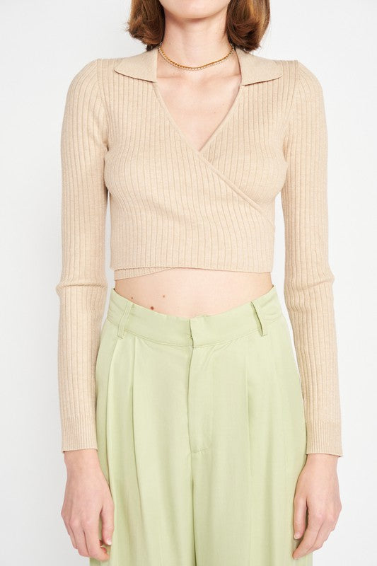 LONG SLEEVE WRAPPED CROP TOP TAN by Emory Park | Fleurcouture