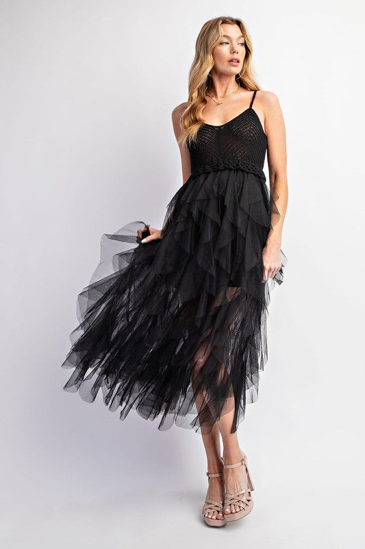 LOVELY TULLE MIDI CROCHET DRESS Black S by Sweet Generis | Fleurcouture
