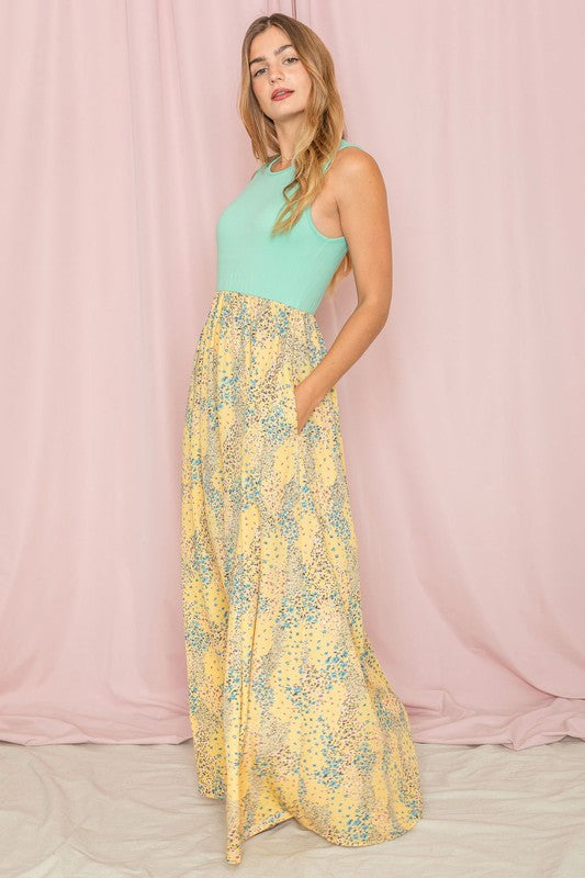 Meadow Floral Print Maxi Dress mint yellow 1X by EG fashion | Fleurcouture