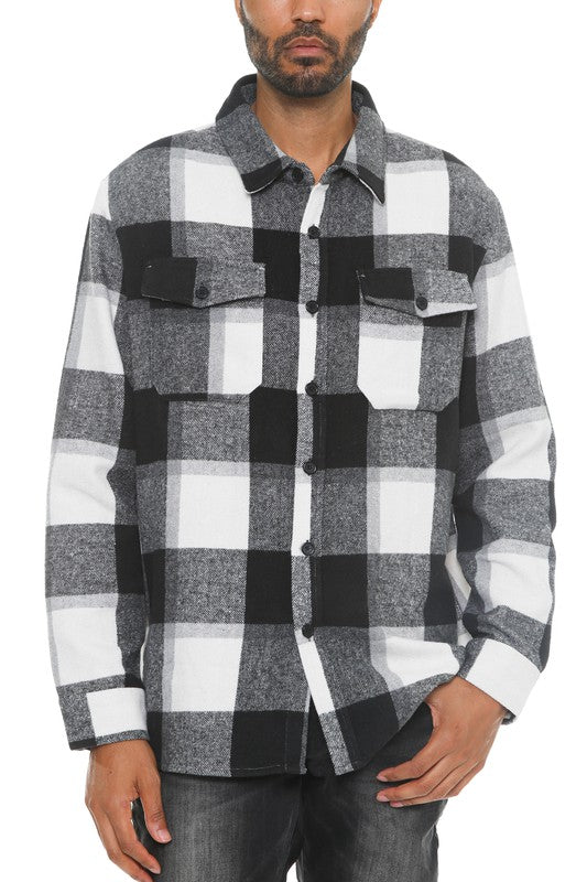 Mens Checkered Soft Flannel Shacket BLACK WHITE S by WEIV | Fleurcouture