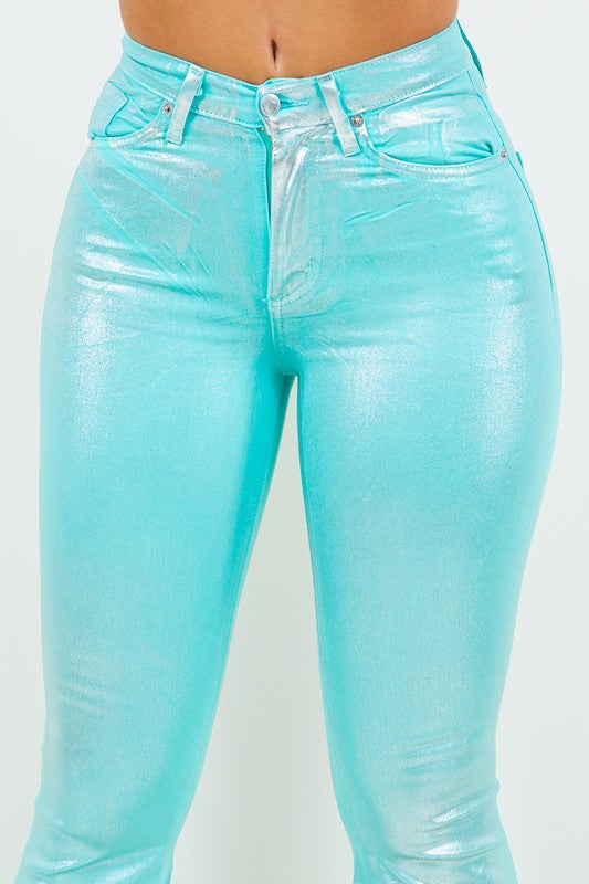 Metallic Bell Bottom Jean in Turquoise - Inseam 32 Turquoise by GJG Denim | Fleurcouture