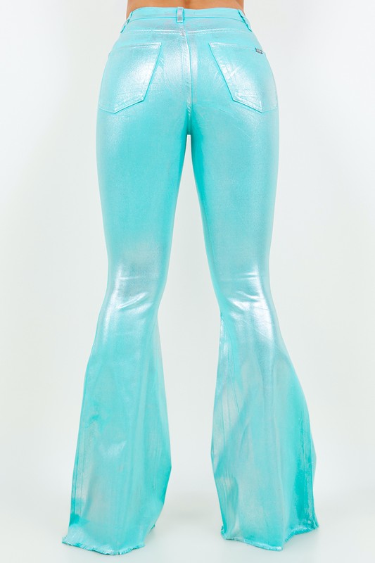 Metallic Bell Bottom Jean in Turquoise - Inseam 32 Turquoise by GJG Denim | Fleurcouture