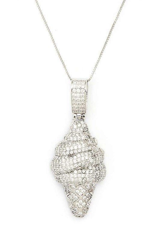 Micro Setting CZ Ice Cream Cone Pendant Necklace Rhodium O/S by LA Jewelry Plaza | Fleurcouture