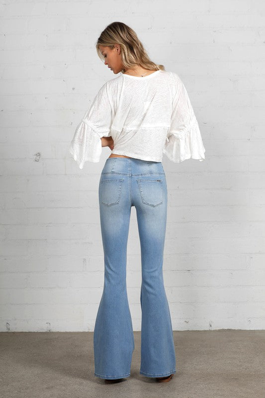 Mid Rise Banded Wide Flare Jeans LIGHT by Denim Lab USA | Fleurcouture