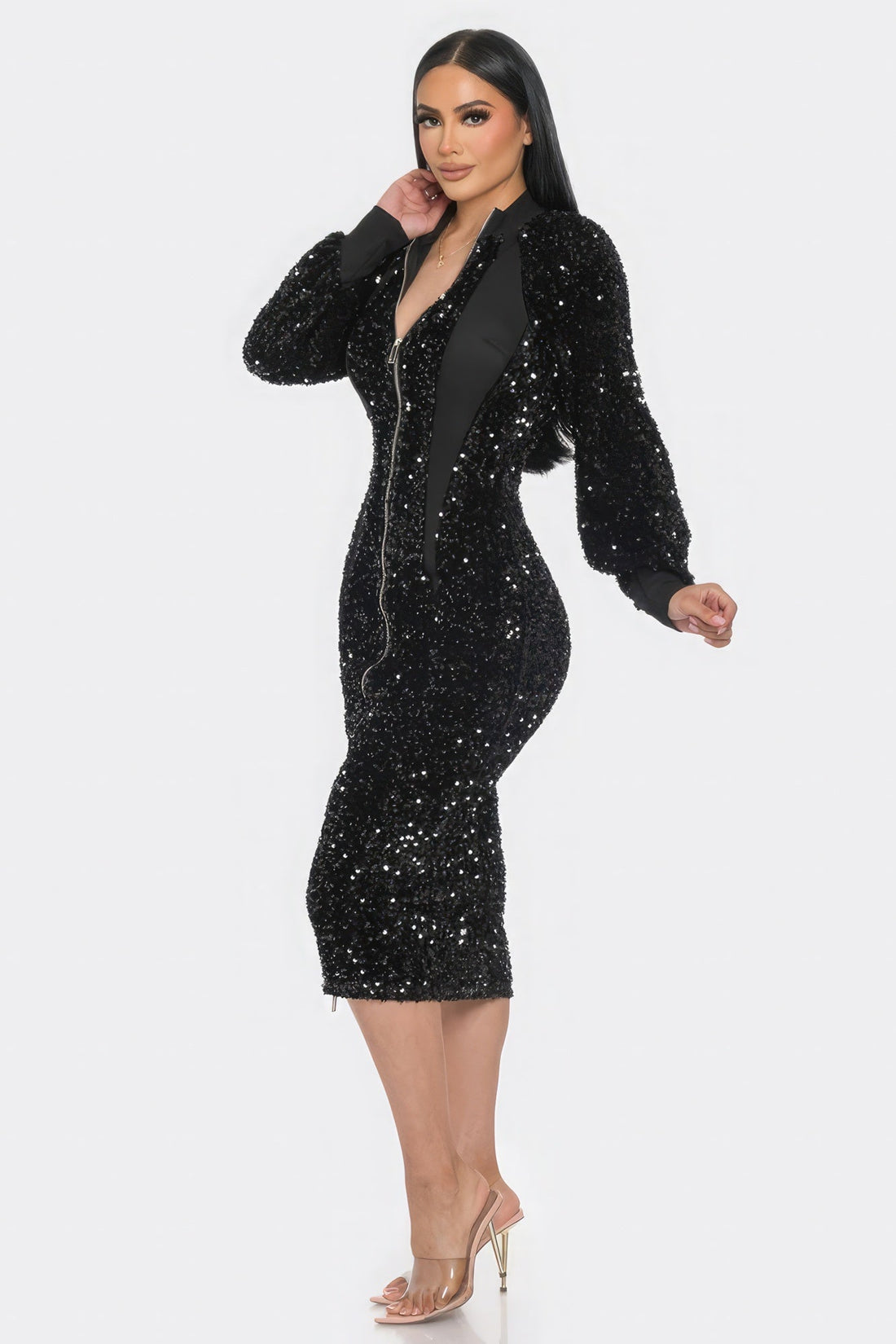Midi 2 Way Zip Up Sequin Contrast Dress by Fleurcouture | Fleurcouture