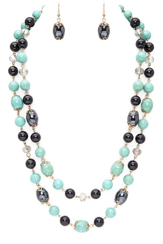 Mix Beads Layered Station Necklace Set BLACK/TURQUOISE O/S by LA Jewelry Plaza | Fleurcouture