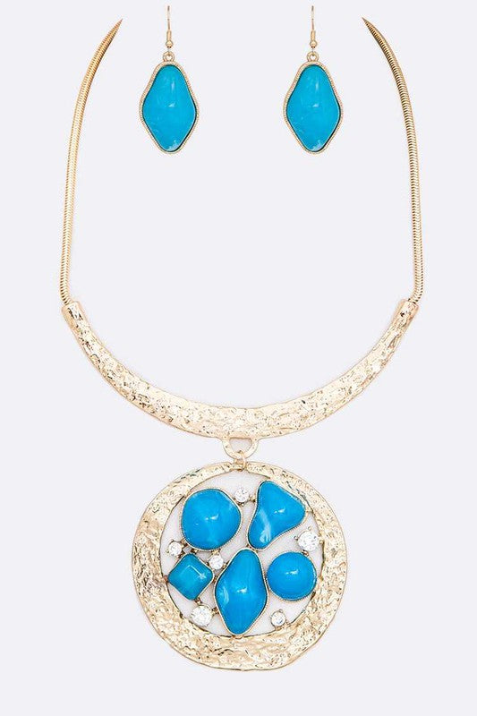 Mix Gem Pendant Collar Necklace Set Blue O/S by LA Jewelry Plaza | Fleurcouture