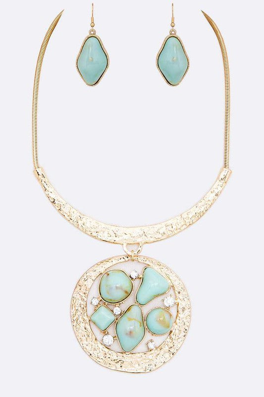 Mix Gem Pendant Collar Necklace Set Turquoise O/S by LA Jewelry Plaza | Fleurcouture