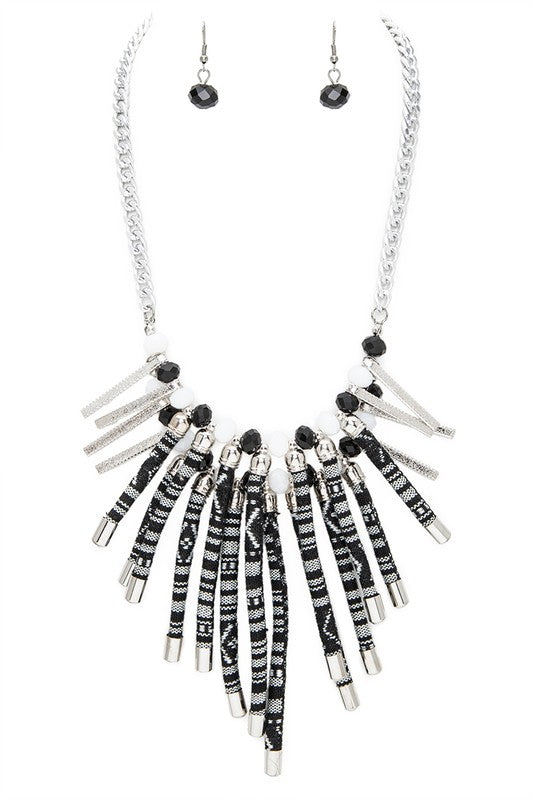 Mix Media Aztec Print Fringe Canvas Necklace Black O/S by LA Jewelry Plaza | Fleurcouture