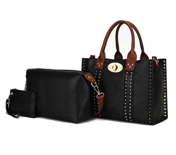 MKF Elissa Satchel Handbag by Mia K- 3 pc Set Black - Brown One Size by MKF Collection by Mia K | Fleurcouture