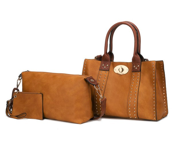 MKF Elissa Satchel Handbag by Mia K- 3 pc Set Mustard-Brown One Size by MKF Collection by Mia K | Fleurcouture