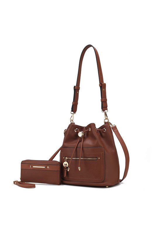 MKF Larissa Bucket Handbag with Wallet by Mia K Brown One Size by MKF Collection by Mia K | Fleurcouture