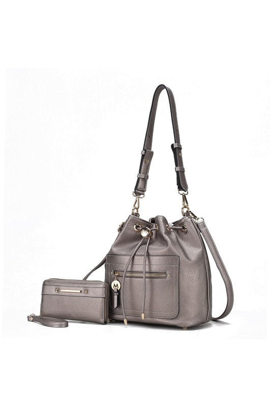 MKF Larissa Bucket Handbag with Wallet by Mia K Pewter One Size by MKF Collection by Mia K | Fleurcouture