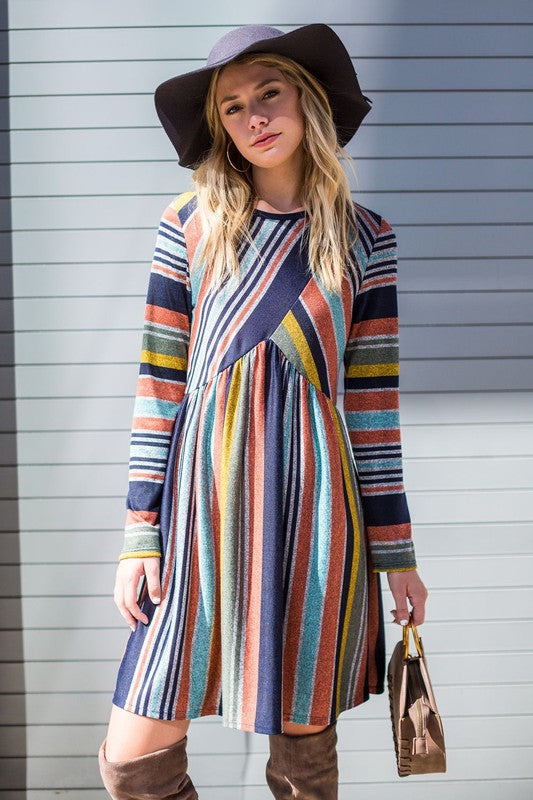 Multi Color Cross Stripe Midi Dress ORANGE NAVY by EG fashion | Fleurcouture