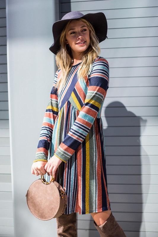 Multi Color Cross Stripe Midi Dress ORANGE NAVY by EG fashion | Fleurcouture