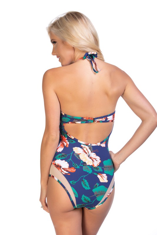 NAVY FLORAL MESH INSERTS ONE PIECE SWIMSUIT Navy/Floral by Beach Joy Bikini | Fleurcouture