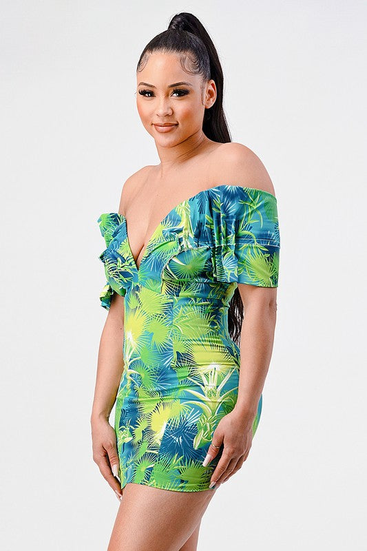 Neon garden off shoulder fitted mini dress multi by Athina | Fleurcouture