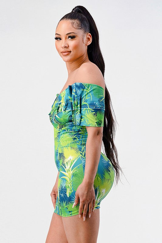 Neon garden off shoulder fitted mini dress multi by Athina | Fleurcouture