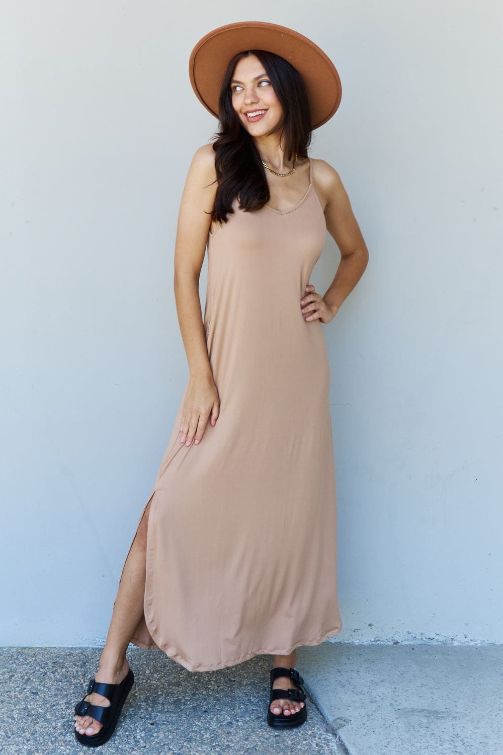 Ninexis Good Energy Full Size Cami Side Slit Maxi Dress in Camel Camel by Trendsi | Fleurcouture