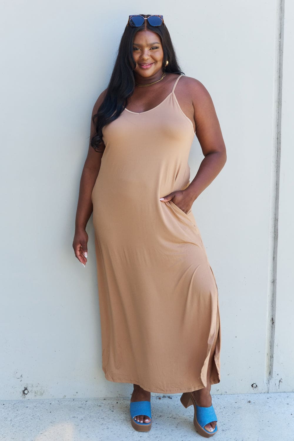 Ninexis Good Energy Full Size Cami Side Slit Maxi Dress in Camel Camel by Trendsi | Fleurcouture