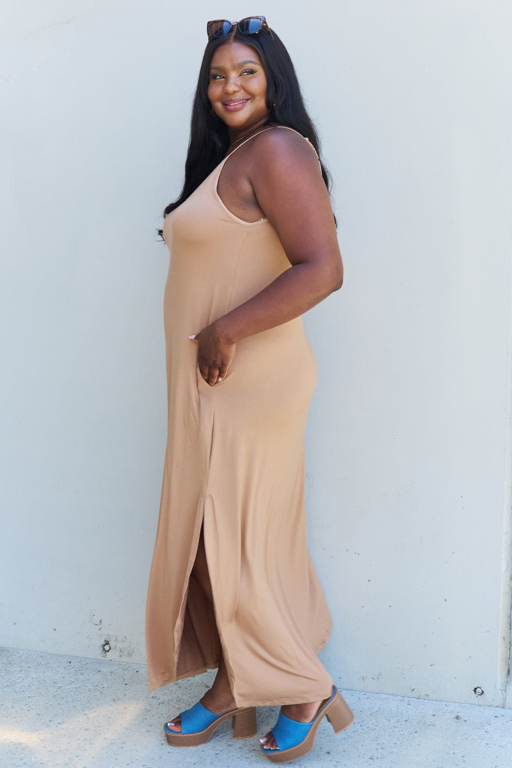 Ninexis Good Energy Full Size Cami Side Slit Maxi Dress in Camel Camel by Trendsi | Fleurcouture