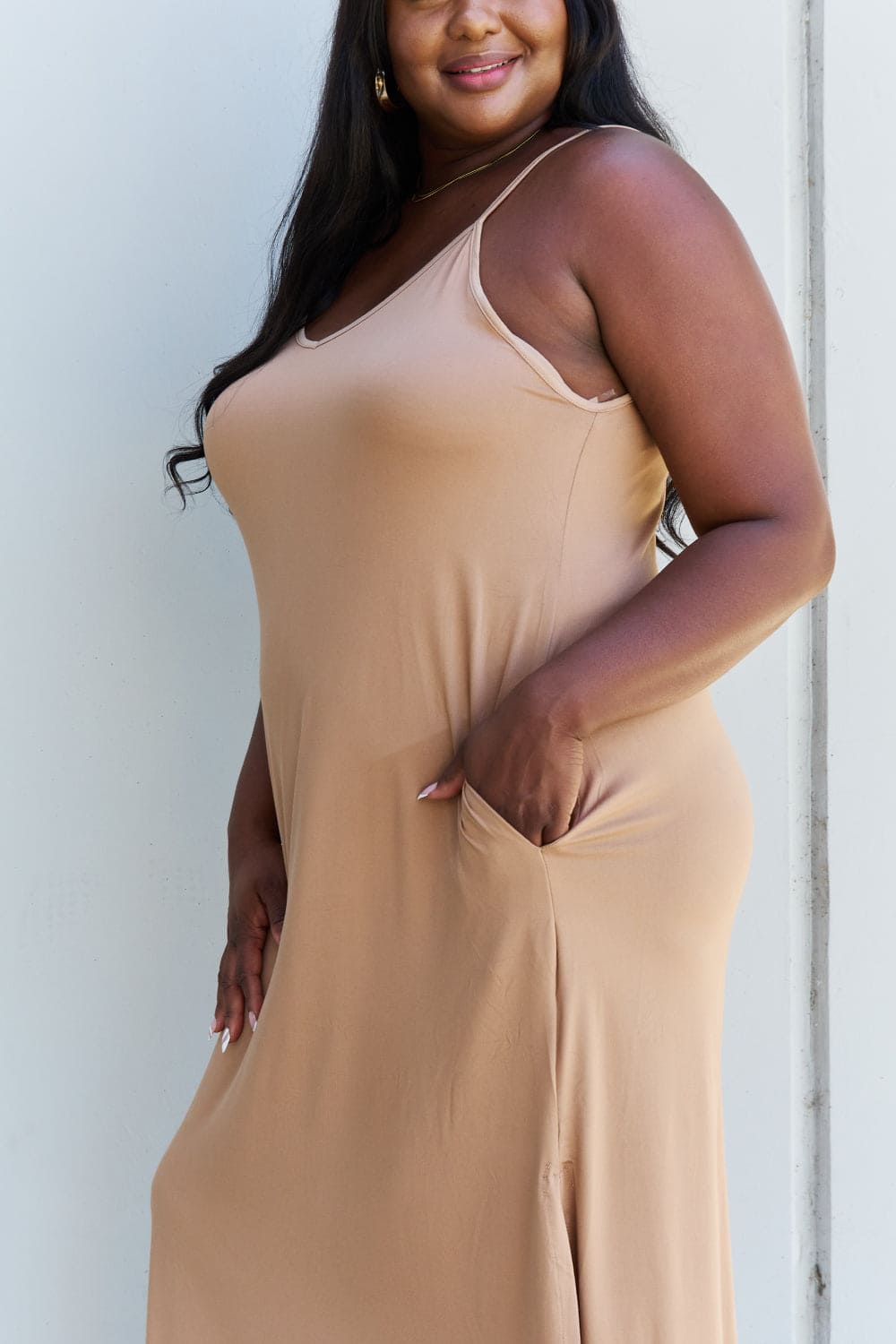Ninexis Good Energy Full Size Cami Side Slit Maxi Dress in Camel Camel by Trendsi | Fleurcouture