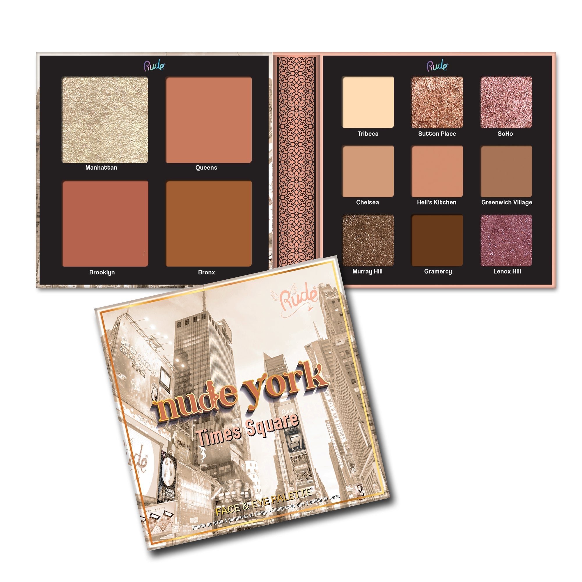 Nude York & Nude Orleans Face & Eyeshadow Palette Display Set, 12 pcs Wholesale Set by Rude Cosmetics | Fleurcouture