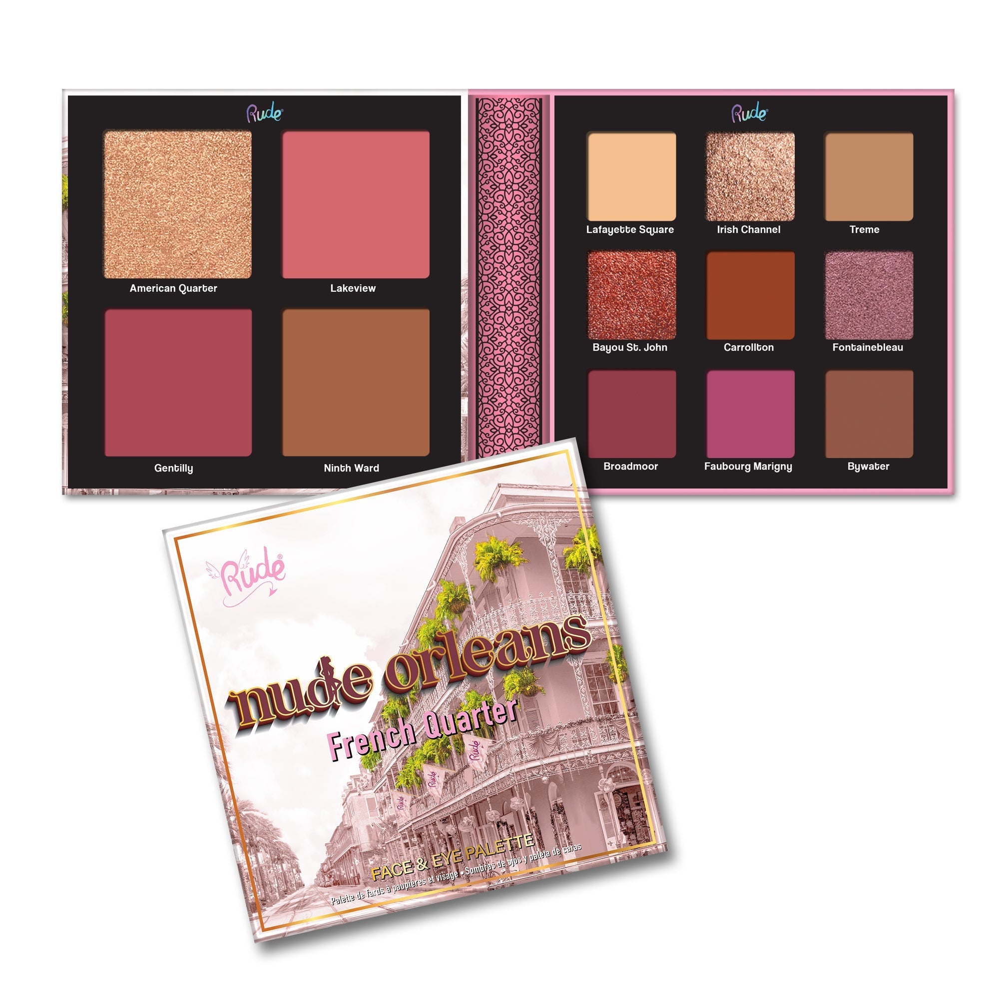 Nude York & Nude Orleans Face & Eyeshadow Palette Display Set, 12 pcs Wholesale Set by Rude Cosmetics | Fleurcouture