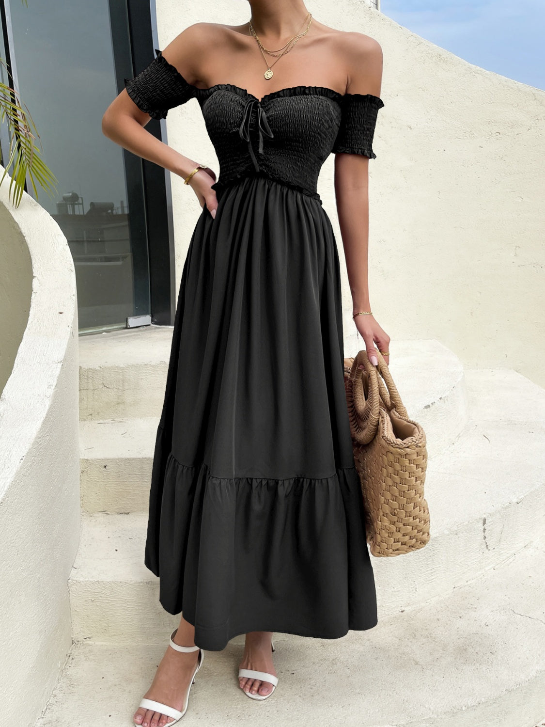 Off-Shoulder Short Sleeve Midi Dress Black Women&