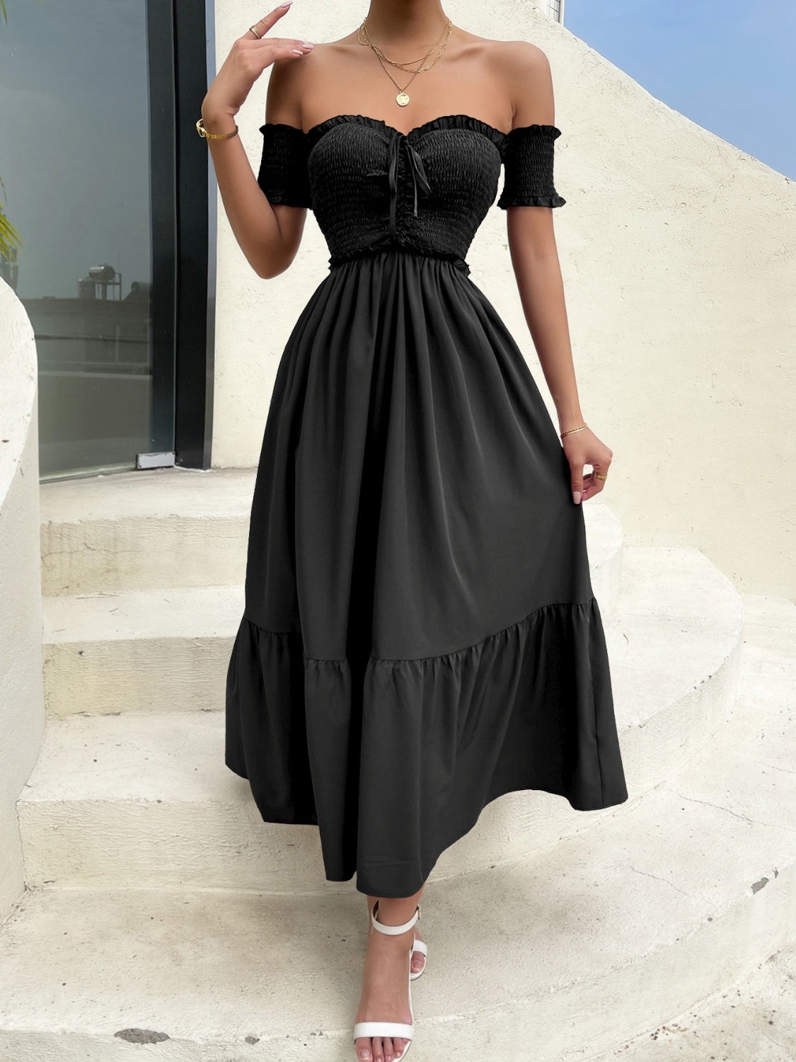 Off-Shoulder Short Sleeve Midi Dress Black Women&