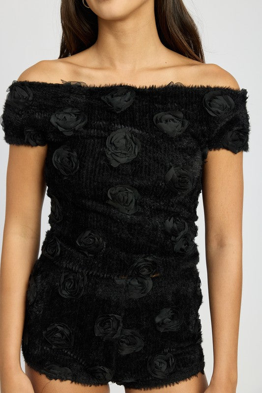 OFF SHOULDER TOP WTH ROSETTE DETAIL by Emory Park | Fleurcouture