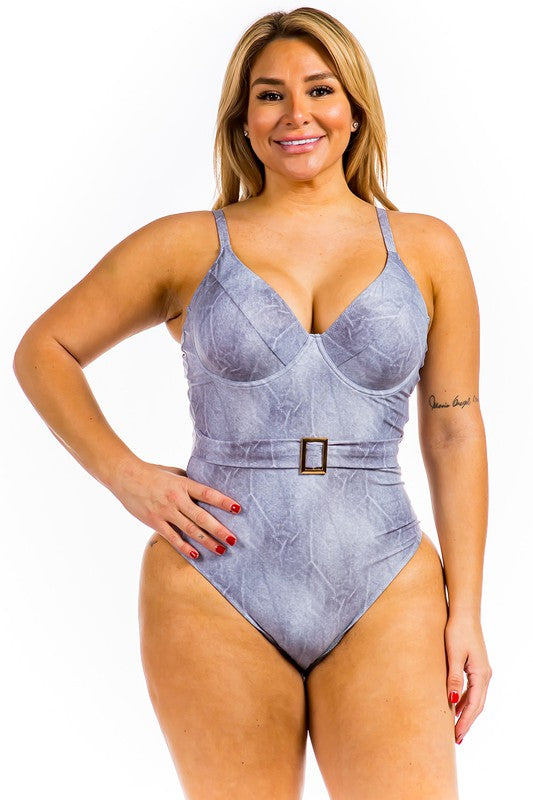 One Piece Buckle Belt embellish Denim Swimsuit Denim by Mermaid Swimwear | Fleurcouture