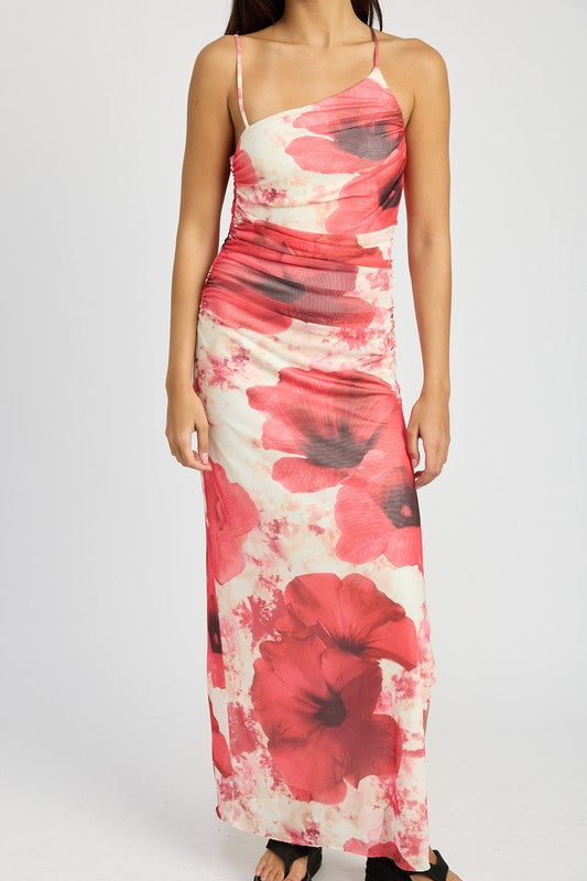 ONE SHOULDER RUCHED MAXI DRESS PINK FLORAL by Emory Park | Fleurcouture
