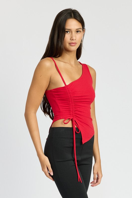 ONE SHOULDER RUCHED TOP TRUE RED by Emory Park | Fleurcouture
