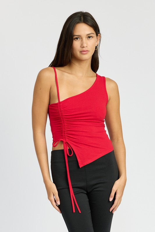 ONE SHOULDER RUCHED TOP TRUE RED S by Emory Park | Fleurcouture