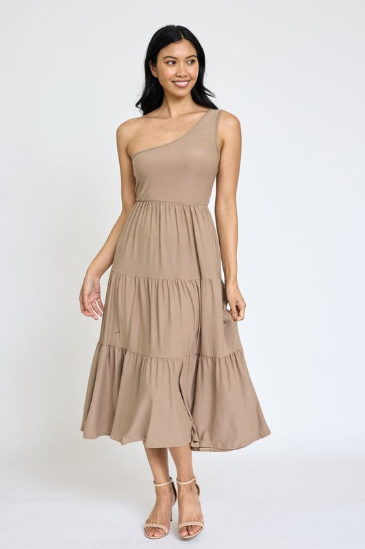 One Shoulder Ruffle Midi Dress Beige S by EG fashion | Fleurcouture