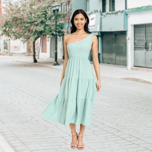 One Shoulder Ruffle Midi Dress sage S by EG fashion | Fleurcouture