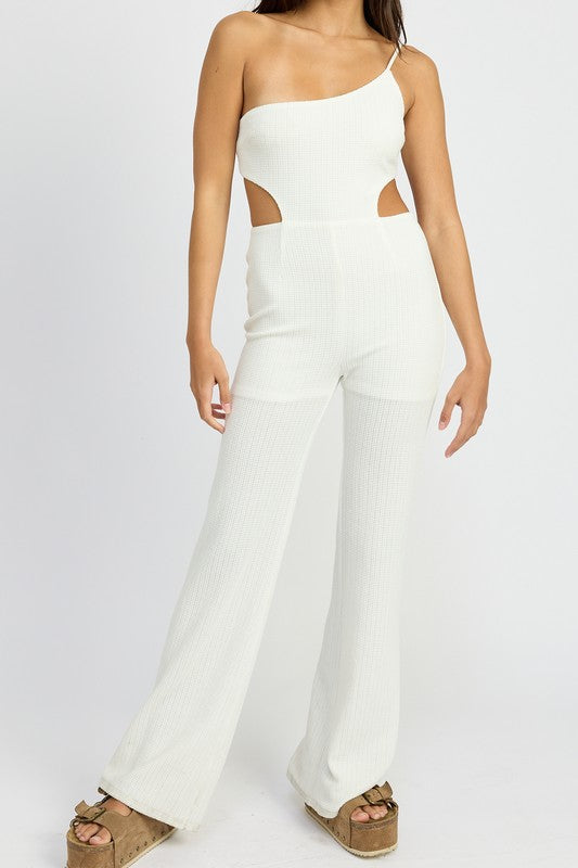 ONE SHOULDER WAFFLE KNIT JUMPSUIT WHITE by Emory Park | Fleurcouture