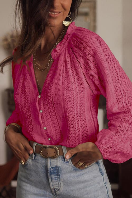 Openwork Button Up Long Sleeve Shirt Deep Rose S by Trendsi | Fleurcouture