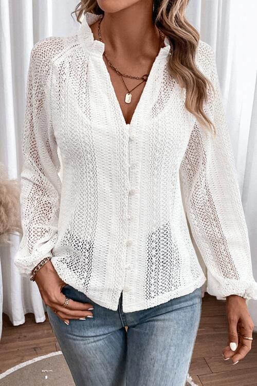 Openwork Button Up Long Sleeve Shirt by Trendsi | Fleurcouture