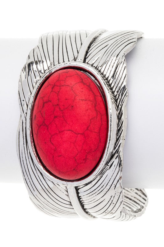 Oval Stone Leaf Engraved Open Cuff Red O/S by LA Jewelry Plaza | Fleurcouture
