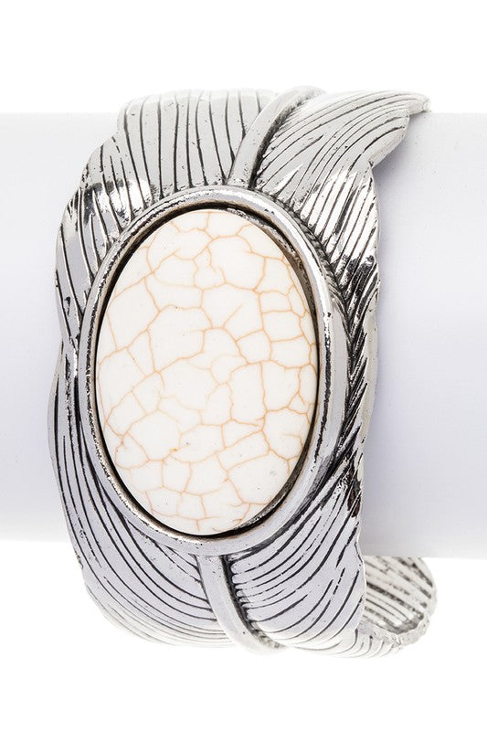 Oval Stone Leaf Engraved Open Cuff White O/S by LA Jewelry Plaza | Fleurcouture