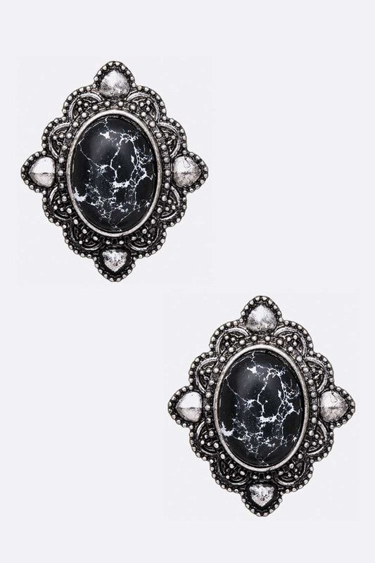 Oval Stone Stud Earrings Black O/S by LA Jewelry Plaza | Fleurcouture