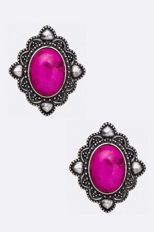 Oval Stone Stud Earrings Fuchsia O/S by LA Jewelry Plaza | Fleurcouture