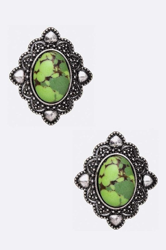 Oval Stone Stud Earrings Green O/S by LA Jewelry Plaza | Fleurcouture