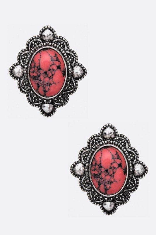 Oval Stone Stud Earrings Red O/S by LA Jewelry Plaza | Fleurcouture