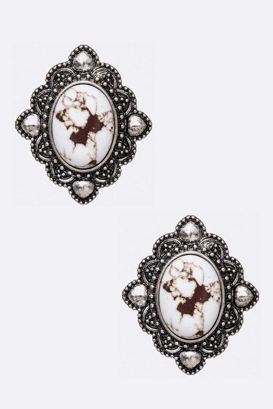 Oval Stone Stud Earrings White O/S by LA Jewelry Plaza | Fleurcouture