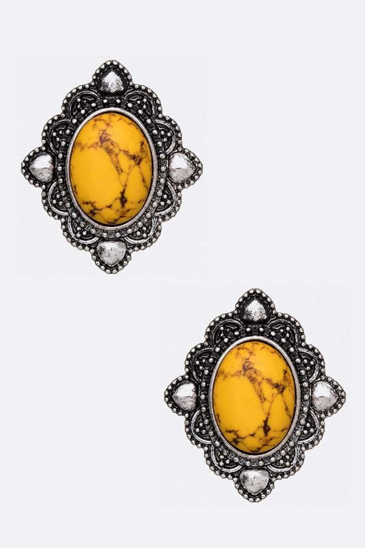 Oval Stone Stud Earrings Yellow O/S by LA Jewelry Plaza | Fleurcouture
